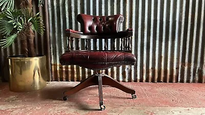 Vintage Red Leather Oxblood Captains Swivel Chair On Casters. • £320
