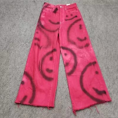 H&M Jeans Womens 2 Red Black Straight Baggy Wide Leg Smiley Face Ladies Y2K • $22.99