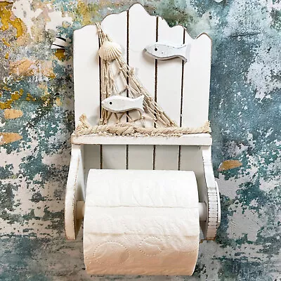 Nautical Toilet Roll Holder White Wood Fish Net Bathroom Paper Wall Storage • £18