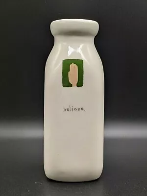Handmade BETH MUELLER 2010 Believe Milk Bottle Vase Ivory Green Box With Hand • $28.95