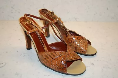 Sexy! VTG 70s BROWN REAL SNAKESKIN OPEN TOE WRAP DISCO HIGH HEELS SHOES 37 / 7? • $67.43