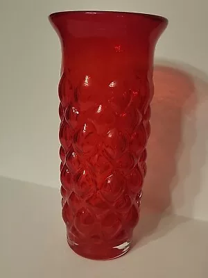 Vintage Red Bubble Glass Vase Hand Blown Mid Century Modern Glass Vase Fluted • $59.95