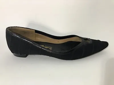 Vintage Salvatore Ferragamo Black Textured Pointed Toe Flats Shoes 7 • $87