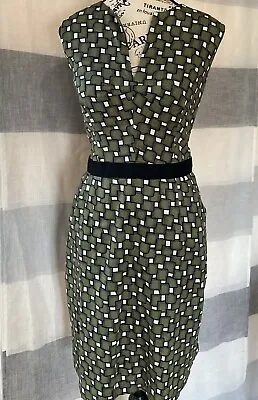 Milly Of New York Sheath Dress With Pockets Sz 12 Cotton Retro Green Geometric • $37.99