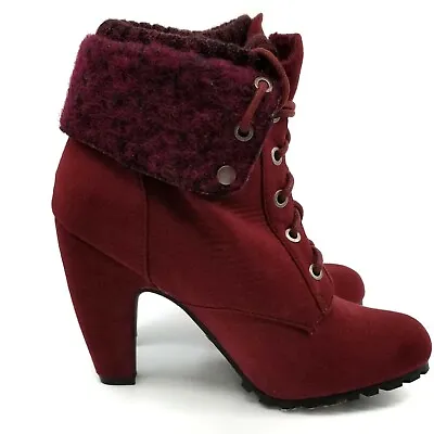 Bamboo Womens Ankle Cottage Prairie Core Bootie Red Laced Up Heeled Boots Sz 8.5 • $20