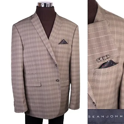 SEAN JEAN Men’s Beige Plaid 2 Button Suit Sports Blazer Coat Jacket Sz 3XL-48XL • $49.75
