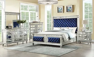 5 Piece Glam Style Mirror Silver & Blue Velvet Fabric Queen King Bedroom Set ABA • $3155.78