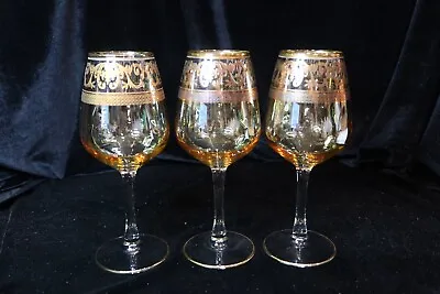 Italian Venetian D'Autore Design Amber & Gold 3 Water Goblets 8 1/2  • $45