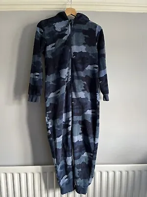 M&S Marks And Spencer Fleece Blue Camo Onesiee One Piece Pyjamas - Age 11-12 • £4