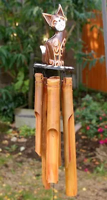 CLEARANCE Large Cat Bamboo Wind Chime Hanging Garden Decor Birthday  Gift • £11