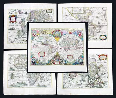 1630-31 Hondius Antique World & Four Continent Maps America Africa Asia & Europe • $24999