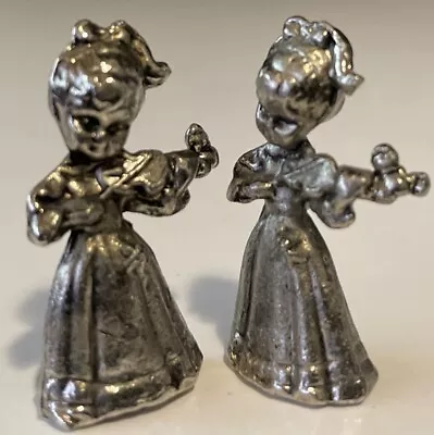 Vintage Miniature Metal Girl Figurines With Violins Bird 1 3/8” Set Of 2 Sisters • $9.99