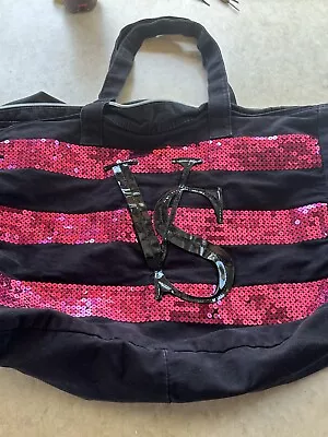 Victoria's Secret VS Black Pink Striped Sequin Canvas Tote Bag Weekender • $2.18