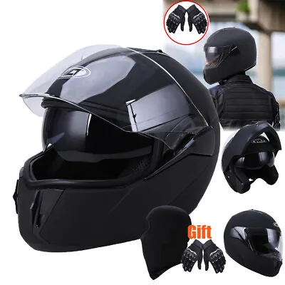 DOT Motorcycle Men Helmet Gloves Mask Dual Lens Flip Up Modular Snowmobile M-XXL • $59.99