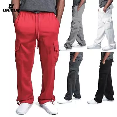 Mens Jogger Cargo Pocket Trousers Sweat Pants Casual Loose Athleti Heavy Weight • $15.99