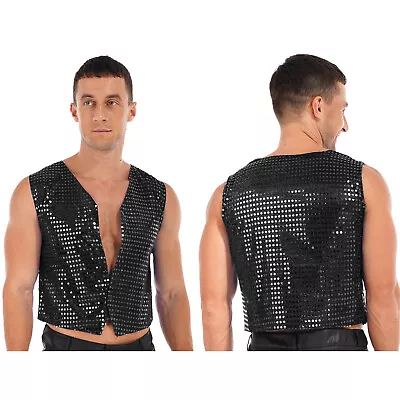 Men Waistcoats Sparkly Sequin Jackets Vest Disco Ballroom Peformance Costumes  • £12.65