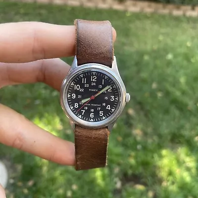 Timex J Crew Timex Field Military Watch Men Silver Tone Brown Leather Vintage • $102.50