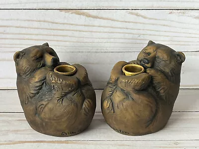 2 Rustic BROWN BEAR CANDLE HOLDERS Resin Faux Wood Carved Lodge Cabin Decor • $42