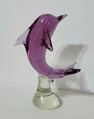 Murano Glass Dolphin Riding Wave Sculpture Italian Art Glass Large Purple Lilac  • $88