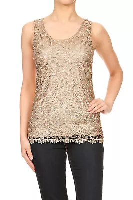 Casual Formal Embroidered Lace Sequin Sleeveless Shirt Tank Top • $17.99