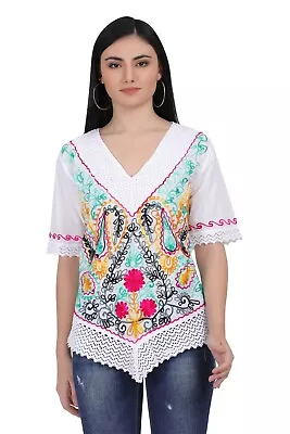 Cotton Mexican White Tops/Blouses Colorful Embroidered • $14.99