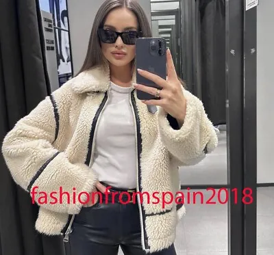 ZARA NEW WOMAN FAUX FUR BIKER JACKET ECRU XS-XL 3548/247 Sale !!! • $99.99