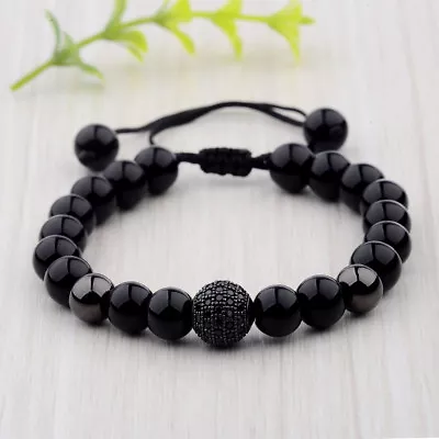 Fashion Men Natural Black Lava Zircon Micro Pave Round Beaded Macrame Bracelets • $3.07