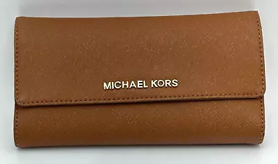 Michael Kors Travel Wallet Trifold Brown Leather Crossgrain Lg Check Fold Snap • $33.99