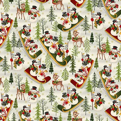 Christmas Fabric | Winter Joy Retro Snowman Sled Beige | Henry Glass YARD • $10.98