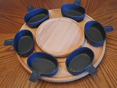 £40 • Buy Vintage Bodum Lazy Susan Serving Platter With Wooden Turntable & Cast Iron Bowls