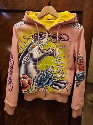 Genuine Rare Ornate Ed Hardy / Christian Audigier Pink Hoodie Leather Jacket.  • £145