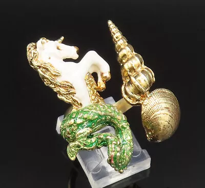925 Silver - Vintage Gold Plated Enamel Unicorn & Seashell Ring Sz 6 - RG25534 • $159.19