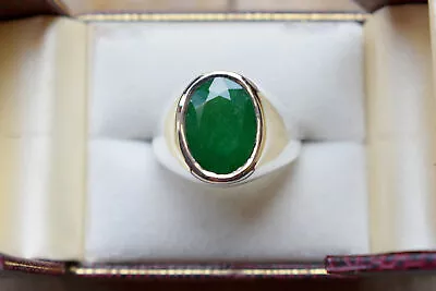 Solid 925 Sterling Silver Natural Green Emerald Corundum Cut Gemstone Men's Ring • £45.56