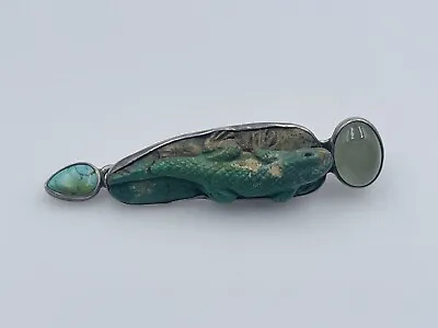 Amy Kahn Russell Sterling Silver Carved Turquoise Lizard Design Pin Pendant • $257.16