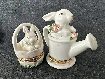 MUD PIE Hinged Trinket Boxes Bunny Rabbit 1998-1999 Ceramic White Pink Polka Dot • $30