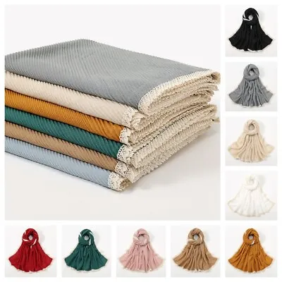Pleated Muslim Cotton Hijabs Woman Crinkle Shawls Lace Edge Wrinkle Scarf Wrap • £11.99