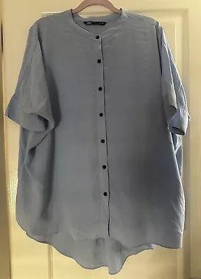 Zara Womens  Floaty Top Shirt Size L/XL Powder Blue Short Sleeve Button Up • $25