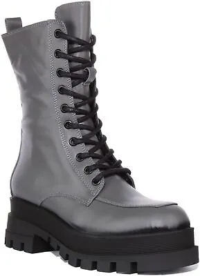 Justinreess England Darcie Womens Leather Military Boots In Grey Size UK 3 - 8 • £84.89