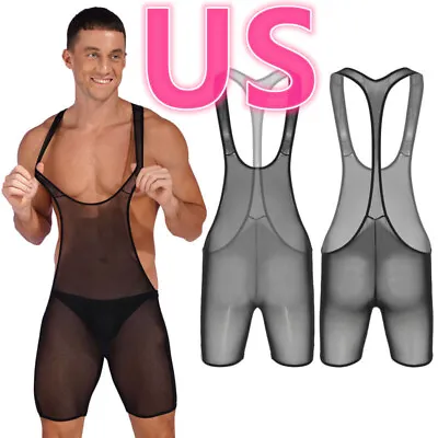 US Men See Through Leotard Deep U Neck Muscle Jumpsuit Mesh Transparent Bodysuit • $10.79