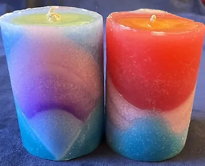 2 Handmade 10cm X 7cm Colourful Pillar Candles • £12.50