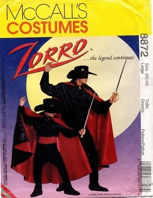 McCall's Men's Zorro Costume Pattern 8872 Size L UNCUT • $19.99