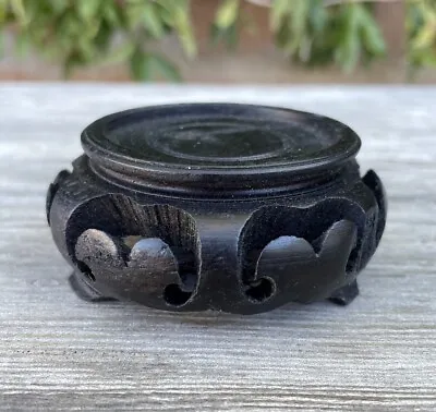 Small Chinese Carved Wood Vase Bowl Pottery Black Display Stand Asian Design • $12.99