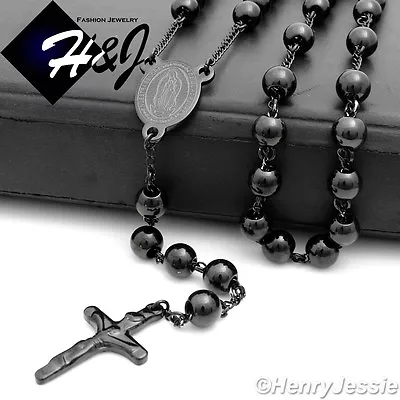 30+5 Stainless Steel HEAVY 8mm Black Plated Beads Virgin Mary Rosary Necklace*10 • $19.99