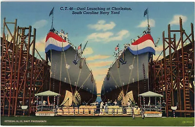 Launching USS Bell USS Stevens Charleston SC Navy Yard 1942 VTG Linen Postcard • $8.82