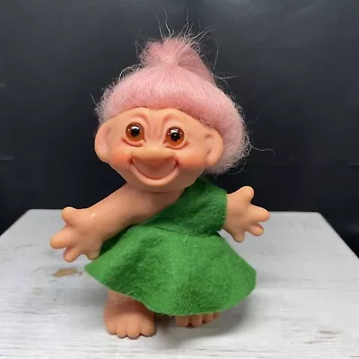 Thomas Dam Thing Troll Good Luck Green Dress Pink Hair Amber Eyes Vintage 6” • $49.99