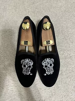 Del Toro Men's Black Skull Velvet Loafers Shoes Slip On Slippers Italy Size 9 • $125