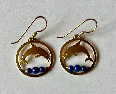 Vintage Dolphin With Blue Bead Earrings Dangle Wire - Wild Bride • $6