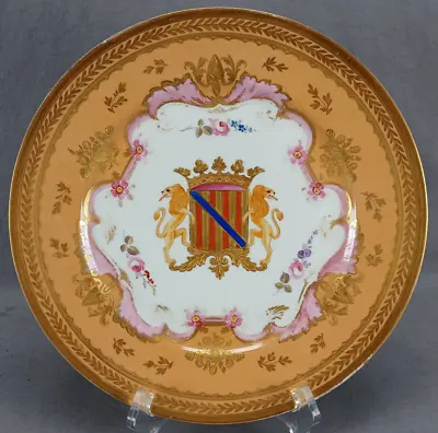 Old Paris Lions Armorial Crest Pink Roses Apricot & Gold 10 3/8 Inch Plate B • $295