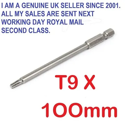 1/4  Hex Shank 100mm Long T9 Magnetic Torx NON Security Screwdriver Bit • £3.45