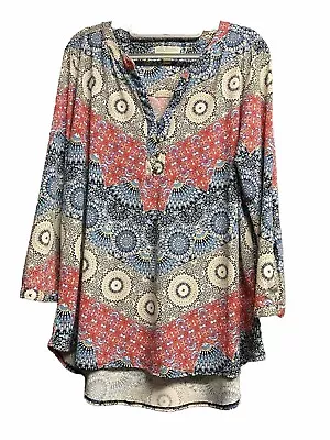 Dana Buchman Boho Beaded Bohemian Top Shirt Blouse Pink Blue 3/4 Sleeves XL • $18.99